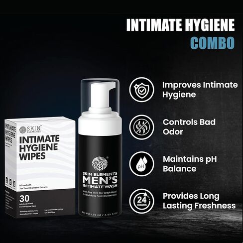 Skin Elements Intimate Hygiene Combo| Intimate Wash Men 120 ml+Intimate Wipes 30 Individual Sachets With Tea Tree & Neem Extracts - pH Balanced Foaming Wash Prevents Irritation & Bad Odor in Saudi Arabia