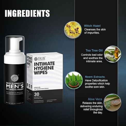 Skin Elements Intimate Hygiene Combo| Intimate Wash Men 120 ml+Intimate Wipes 30 Individual Sachets With Tea Tree & Neem Extracts - pH Balanced Foaming Wash Prevents Irritation & Bad Odor in Saudi Arabia