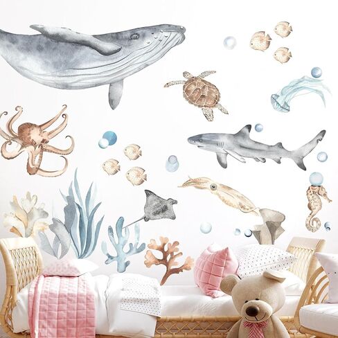 Underwater World Marine Marine Babies Gall Scal-Whale Shark ، Turtle ، Squid ، و Hoyfish ، Artable Peel-and-لا تقلصها من أجل الحضانة وديكور غرفة الأطفال (كبير جدًا) in Kuwait
