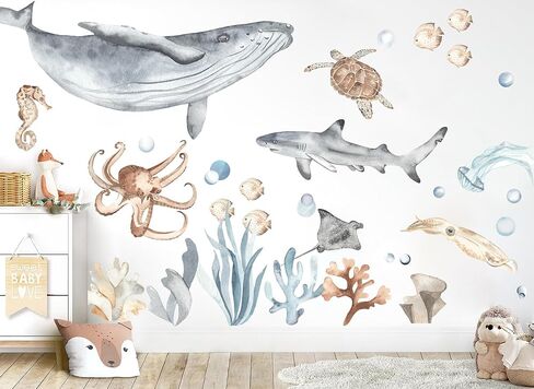 Underwater World Marine Marine Babies Gall Scal-Whale Shark ، Turtle ، Squid ، و Hoyfish ، Artable Peel-and-لا تقلصها من أجل الحضانة وديكور غرفة الأطفال (كبير جدًا) in Kuwait