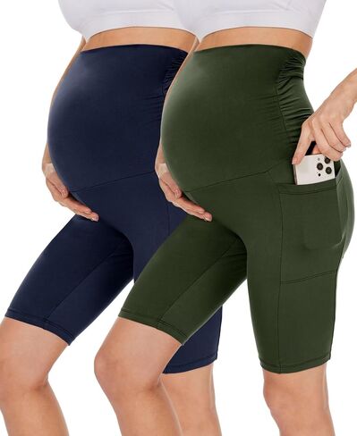 UBCUTE 2 Pack Women's Maternity Biker Shorts with Pockets-High Waist Black Workout Yoga Comfy Pregnancy Pants Over Belly in Saudi Arabia