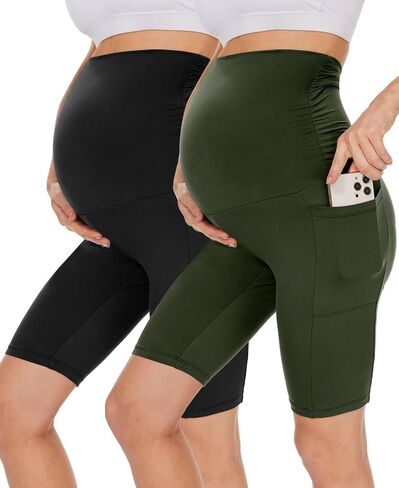 UBCUTE 2 Pack Women's Maternity Biker Shorts with Pockets-High Waist Black Workout Yoga Comfy Pregnancy Pants Over Belly in Saudi Arabia