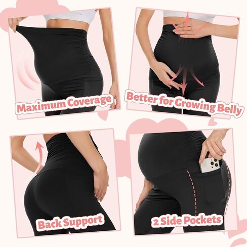 UBCUTE 2 Pack Women's Maternity Biker Shorts with Pockets-High Waist Black Workout Yoga Comfy Pregnancy Pants Over Belly in Saudi Arabia