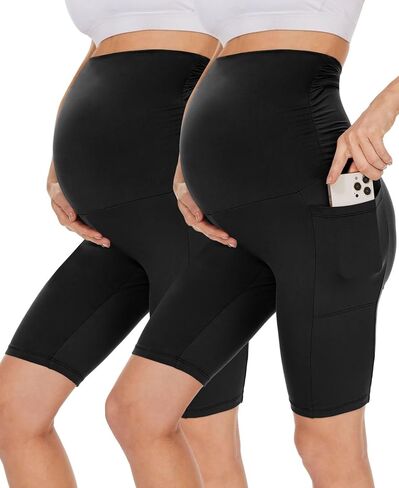 UBCUTE 2 Pack Women's Maternity Biker Shorts with Pockets-High Waist Black Workout Yoga Comfy Pregnancy Pants Over Belly in Saudi Arabia