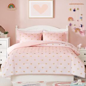 Twin Comforter Set with Sheets for Girls-5 Pieces Twin Bedding Sets with Pink Comforter, Sheets, Pillowcase & Sham for Kids (Pink Gold Heart, 66" X 86") in Saudi Arabia