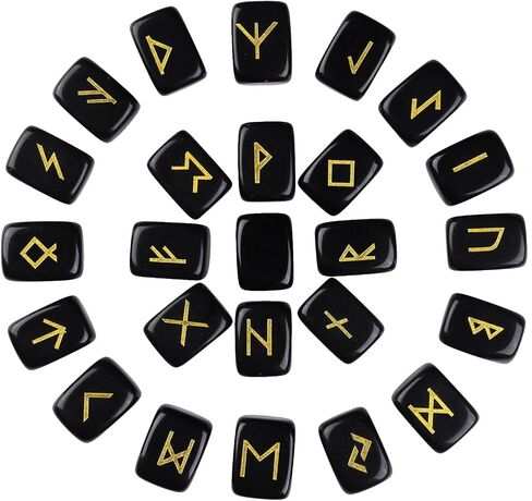 Pack of 25 Rune Stones Engraved Pagan Lettering, Irregular Tumbled Stone Set with Golden Elder Futhark Alphabet for Crystal Divination Wicca and Reiki Healing, Black Obsidian in Saudi Arabia