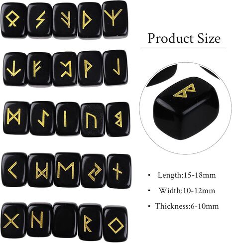Pack of 25 Rune Stones Engraved Pagan Lettering, Irregular Tumbled Stone Set with Golden Elder Futhark Alphabet for Crystal Divination Wicca and Reiki Healing, Black Obsidian in Saudi Arabia