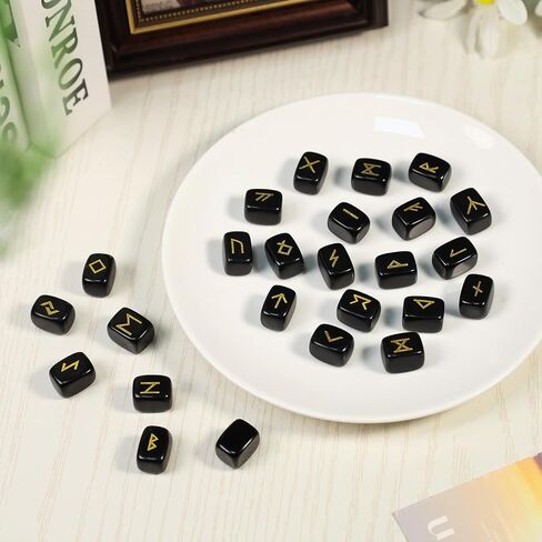 Pack of 25 Rune Stones Engraved Pagan Lettering, Irregular Tumbled Stone Set with Golden Elder Futhark Alphabet for Crystal Divination Wicca and Reiki Healing, Black Obsidian in Saudi Arabia