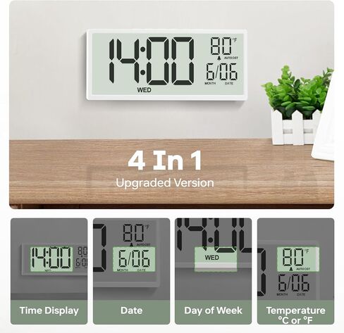 JALL 14.5" Large Digital Wall Clock Battery Operated with Big Digits LCD Screen Display, Day, Date, Alarm, Auto DST, Temperature for Living Room, Bedroom, Desk Decor, Mounted, Gift for Elderly in Saudi Arabia