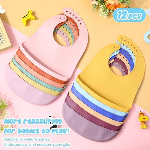 Mepase 12 Pcs Silicone Bibs Waterproof Silicone Baby Bibs Soft Adjustable Baby Feeding Bib Unisex Baby Eating Supplies (Bright Color) in Saudi Arabia