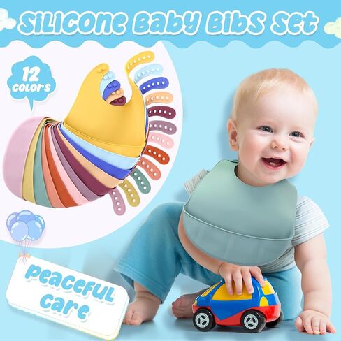 Mepase 12 Pcs Silicone Bibs Waterproof Silicone Baby Bibs Soft Adjustable Baby Feeding Bib Unisex Baby Eating Supplies (Bright Color) in Saudi Arabia