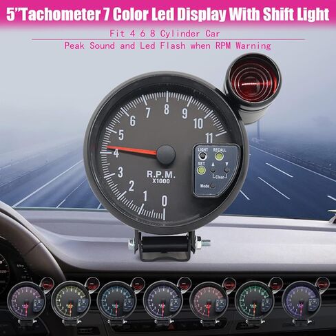 SHKALACAR 5 "مقياس سرعة الدوران مقياس TACH مع 7 LED عرض خلفي متعدد الألوان مع فلاش صوتية LED Light Light عند تحذير RPM للسيارة العالمية in Kuwait