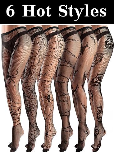 Ramede 6 Pairs Halloween Fishnet Thigh High Stockings Lace Tights Patterned Goth Fishnet Legging Web Pantyhose for Women in Saudi Arabia