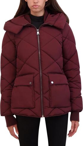 Kenneth Cole Women's Diamond Quilted Crinkle Nylon Puffer with Attached Hood in Saudi Arabia