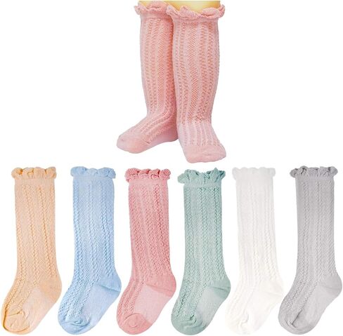 CozyWay Knee High Socks Newborn Infants Toddlers Girls 5 Pack Tube Ruffled Uniform Long Stockings, 6-12 Months in Kuwait