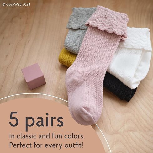 CozyWay Knee High Socks Newborn Infants Toddlers Girls 5 Pack Tube Ruffled Uniform Long Stockings, 6-12 Months in Kuwait