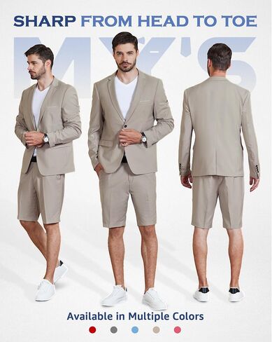 MY'S Men's 2 Piece Slim Fit Suit, One Button Blazer and Short Pants Set with Tie Red in Saudi Arabia