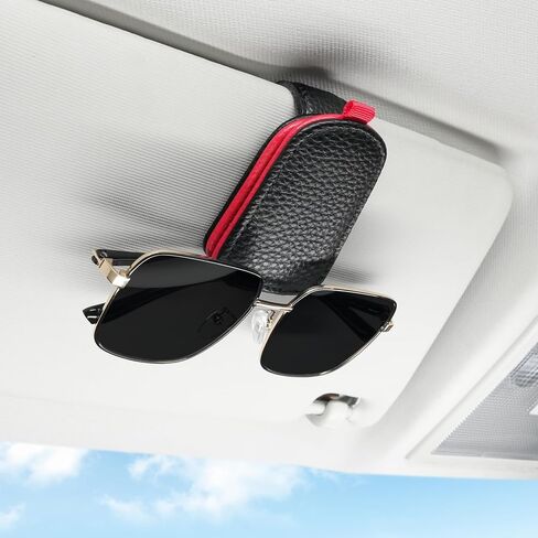 SINGARO Sunglasses Holder for Car, Leather Magnetic Buckle Sun Visor Sunglass Clip, Ticket Card Storage Glasses Clip, Car Interior Accessories for Men and Women（Black-red） in Saudi Arabia