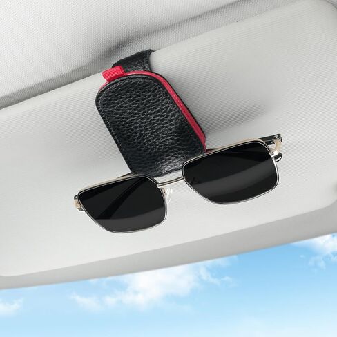 SINGARO Sunglasses Holder for Car, Leather Magnetic Buckle Sun Visor Sunglass Clip, Ticket Card Storage Glasses Clip, Car Interior Accessories for Men and Women（Black-red） in Saudi Arabia