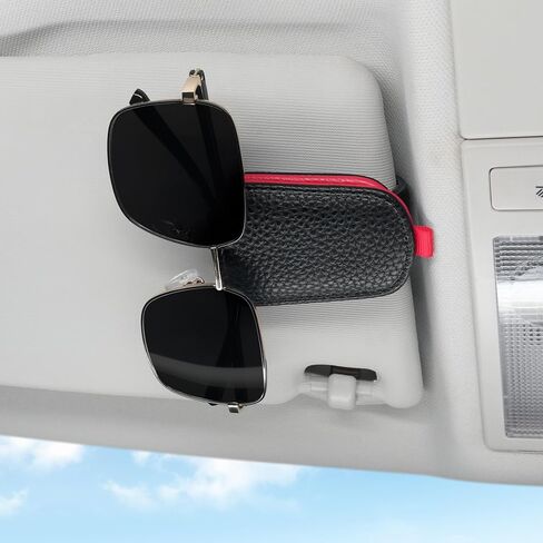 SINGARO Sunglasses Holder for Car, Leather Magnetic Buckle Sun Visor Sunglass Clip, Ticket Card Storage Glasses Clip, Car Interior Accessories for Men and Women（Black-red） in Saudi Arabia