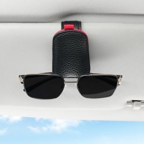 SINGARO Sunglasses Holder for Car, Leather Magnetic Buckle Sun Visor Sunglass Clip, Ticket Card Storage Glasses Clip, Car Interior Accessories for Men and Women（Black-red） in Saudi Arabia