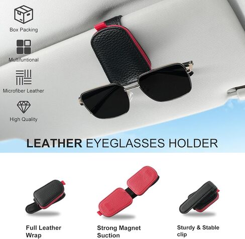 SINGARO Sunglasses Holder for Car, Leather Magnetic Buckle Sun Visor Sunglass Clip, Ticket Card Storage Glasses Clip, Car Interior Accessories for Men and Women（Black-red） in Saudi Arabia