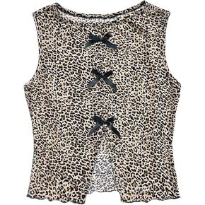 Gorglitter Girl's Leopard Print Bow Tank Top Cute Crewneckless Slockspless Split Cheetah Tee in Kuwait