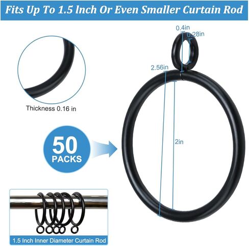 حلقات الستار مع الثقوب - 50 حزمة السنانير السوداء المعدنية للمعادن لستائر طية قرصة ، 2.0 "القطر الداخلي يناسب 1.5" قضيب ، ستارة شديدة الستائر معلقة in Kuwait