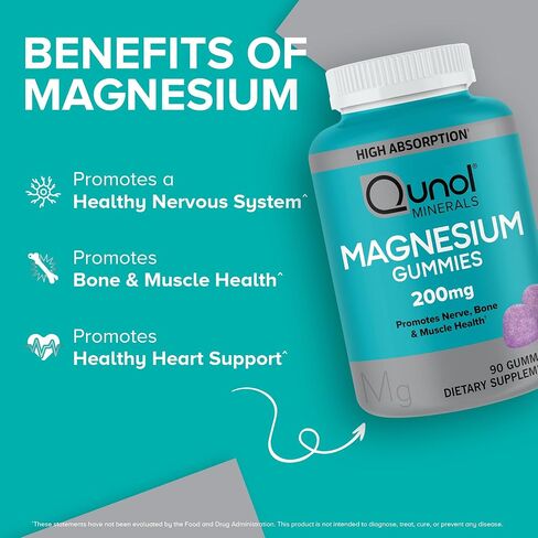 Qunol Magnesium Gummies للبالغين ، 200 ملغ من المغنيسيوم عنصري (من 1750 ملغ من سيترات المغنيسيوم) ، مكملات المغنيسيوم عالية الامتصاص ، يدعم صحة العصب والعظام والعظام ، نباتي ، 90 العدد in Saudi Arabia