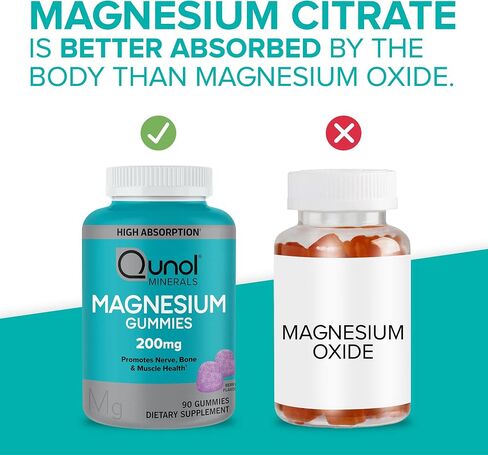 Qunol Magnesium Gummies للبالغين ، 200 ملغ من المغنيسيوم عنصري (من 1750 ملغ من سيترات المغنيسيوم) ، مكملات المغنيسيوم عالية الامتصاص ، يدعم صحة العصب والعظام والعظام ، نباتي ، 90 العدد in Saudi Arabia