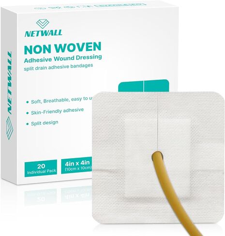 Split Drain Adhesive Bandages 4" x 4" Pre-Cut for Feeding Tubes, Dialysis Catheters & Drains - Soft Non-Stick Pad - Individually Wrapped 20 Pack Wound Dressing Pads in Saudi Arabia