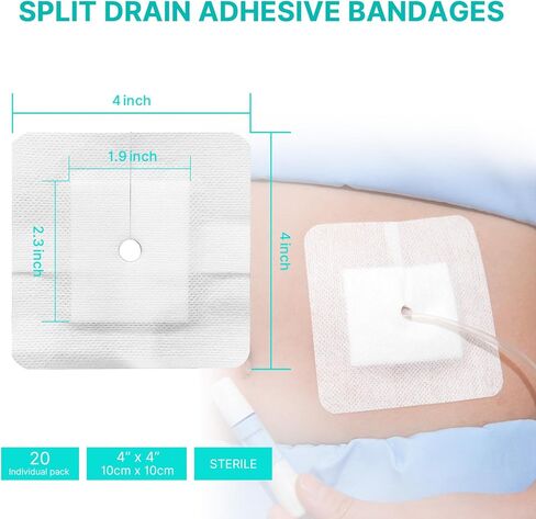 Split Drain Adhesive Bandages 4" x 4" Pre-Cut for Feeding Tubes, Dialysis Catheters & Drains - Soft Non-Stick Pad - Individually Wrapped 20 Pack Wound Dressing Pads in Saudi Arabia