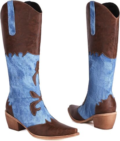 Cozivwaiy Women Denim Cowboy Boots Patchwork Knee High Boots Colorblock Western Cowgirl Mid Calf Jeans Shoes Pointed Toe Chunky Heel Pull On in Kuwait