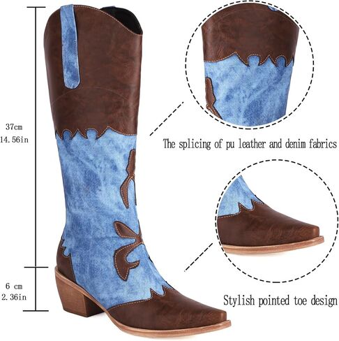 Cozivwaiy Women Denim Cowboy Boots Patchwork Knee High Boots Colorblock Western Cowgirl Mid Calf Jeans Shoes Pointed Toe Chunky Heel Pull On in Kuwait
