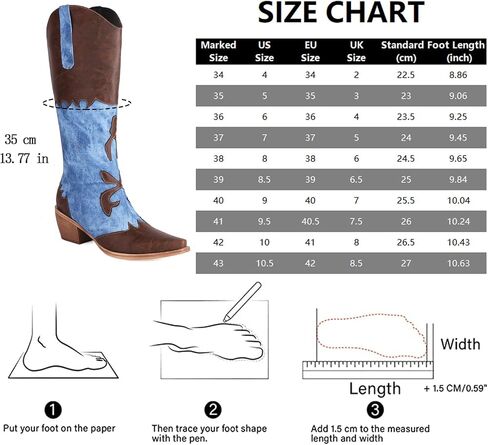 Cozivwaiy Women Denim Cowboy Boots Patchwork Knee High Boots Colorblock Western Cowgirl Mid Calf Jeans Shoes Pointed Toe Chunky Heel Pull On in Kuwait