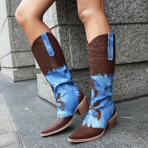 Cozivwaiy Women Denim Cowboy Boots Patchwork Knee High Boots Colorblock Western Cowgirl Mid Calf Jeans Shoes Pointed Toe Chunky Heel Pull On in Kuwait