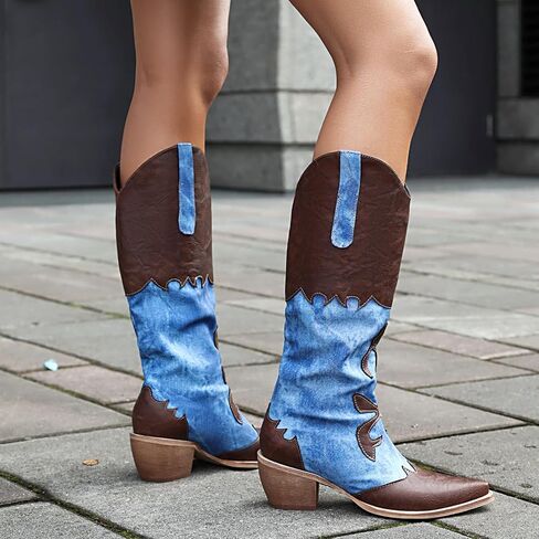 Cozivwaiy Women Denim Cowboy Boots Patchwork Knee High Boots Colorblock Western Cowgirl Mid Calf Jeans Shoes Pointed Toe Chunky Heel Pull On in Kuwait