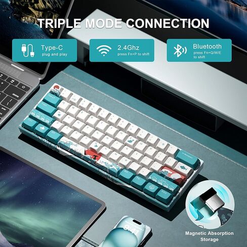 لوحة مفاتيح 60%، لوحة مفاتيح طبوغرافية، XVX M61 Pro بلوتوث/2.4 جيجا هرتز/USB-C لوحة مفاتيح ميكانيكية لاسلكية للألعاب، لوحة مفاتيح قابلة للتبديل السريع، لوحة مفاتيح مخصصة بمفتاح مسبق التشحيم RGB لنظام التشغيل Mac/Win in Kuwait