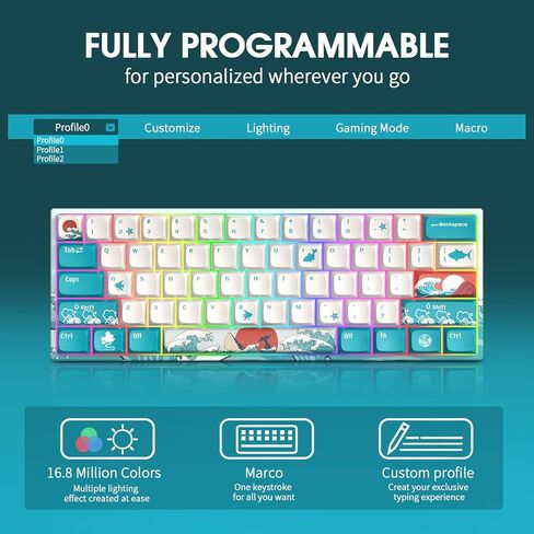 لوحة مفاتيح 60%، لوحة مفاتيح طبوغرافية، XVX M61 Pro بلوتوث/2.4 جيجا هرتز/USB-C لوحة مفاتيح ميكانيكية لاسلكية للألعاب، لوحة مفاتيح قابلة للتبديل السريع، لوحة مفاتيح مخصصة بمفتاح مسبق التشحيم RGB لنظام التشغيل Mac/Win in Kuwait