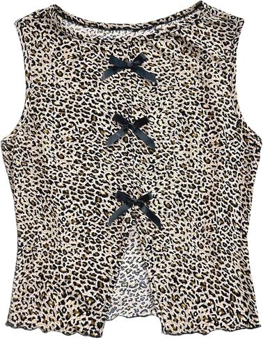 GORGLITTER Girl's Leopard Print Bow Tank Top Cute Crewneck Sleeveless Split Cheetah Tee in Saudi Arabia