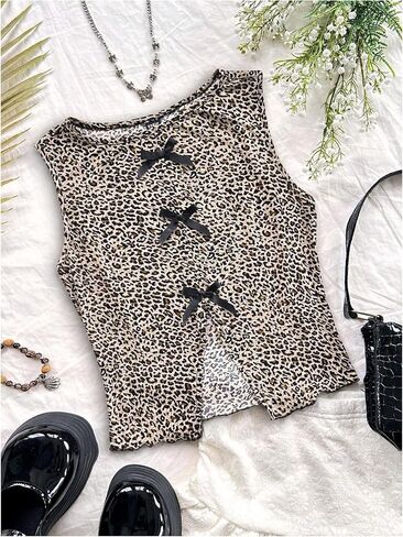GORGLITTER Girl's Leopard Print Bow Tank Top Cute Crewneck Sleeveless Split Cheetah Tee in Saudi Arabia