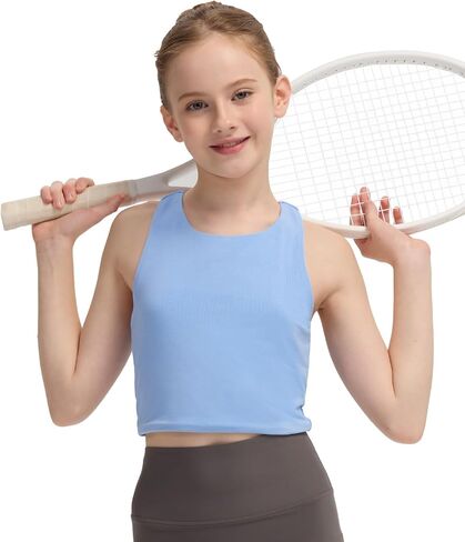 Girls Tank Tops Double Lined Crop Tops High Crew Neck Racerback Cropped Basic Sleeveless Dance Top for Ballet Yoga Gymnastics in Saudi Arabia