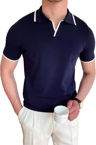Men Short Sleeve Turn-Down Collar Patchwork Soild Casual Knitted Sweaters in Saudi Arabia