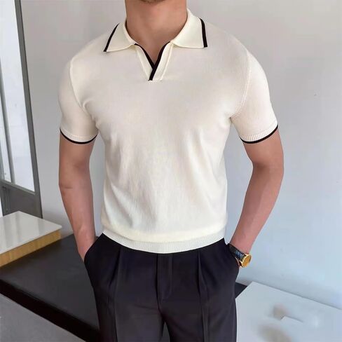 Men Short Sleeve Turn-Down Collar Patchwork Soild Casual Knitted Sweaters in Saudi Arabia