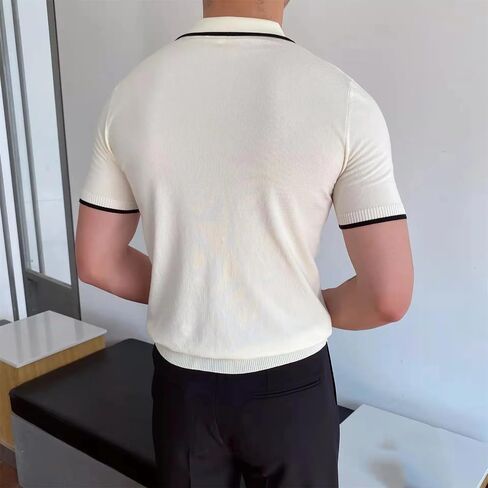 Men Short Sleeve Turn-Down Collar Patchwork Soild Casual Knitted Sweaters in Saudi Arabia