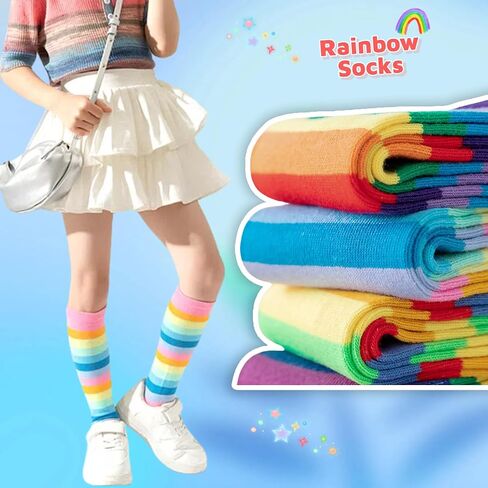 DXTON Girls Rainbow Knee High Socks: Kids Crazy Cotton Long Socks 3-12 years, Novelty Dancing Fun Gift in Saudi Arabia