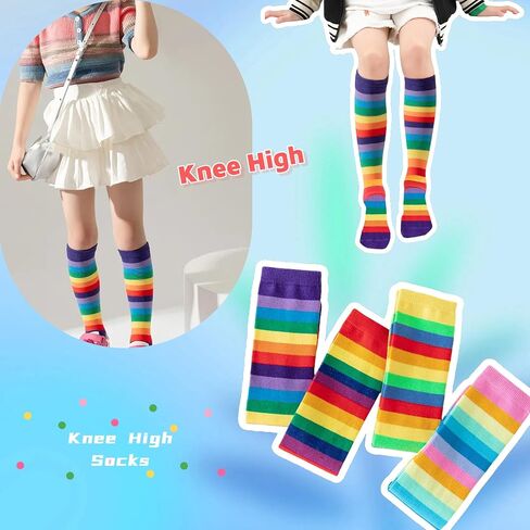 DXTON Girls Rainbow Knee High Socks: Kids Crazy Cotton Long Socks 3-12 years, Novelty Dancing Fun Gift in Saudi Arabia