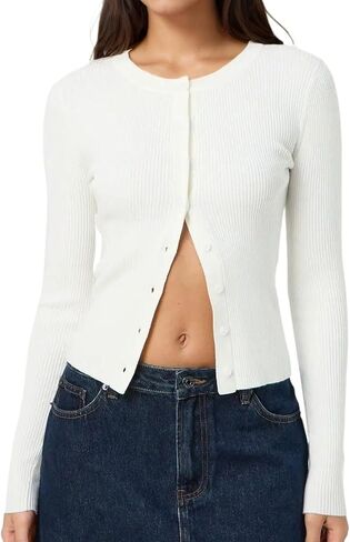 Cioatin Women Long Sleeve Button Up Ribbed Knit Crop Cardigan Y2K Slim Fit Round Neck Sweater Tshirt Fall Going Out Tops in Saudi Arabia