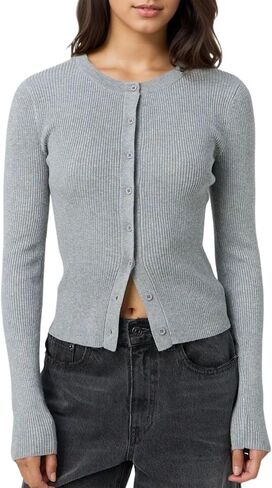 Cioatin Women Long Sleeve Button Up Ribbed Knit Crop Cardigan Y2K Slim Fit Round Neck Sweater Tshirt Fall Going Out Tops in Saudi Arabia