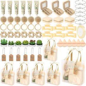 Baby Shower Prizes for Winners Gifts Headband Hair Brush Jewelry Box Plants Candles Bracelet Hand Cream Compact Powder Puff Hair Claw ribbon Gift Bag Beaded Necklace Bridal Shower(6 Sets-Beige) in Kuwait